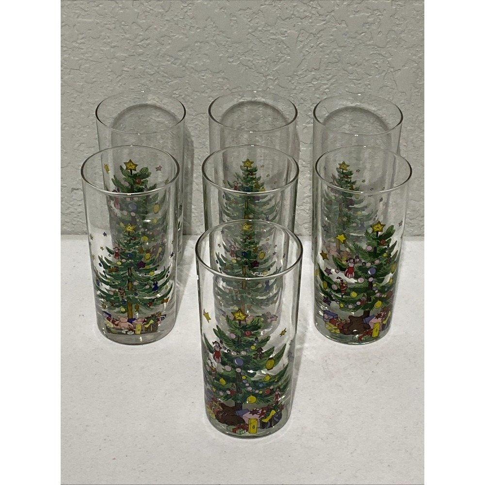VTG Nikko Christmas Tree Drinking Glasses Set 7 Holidays Tumblers Highball 12oz